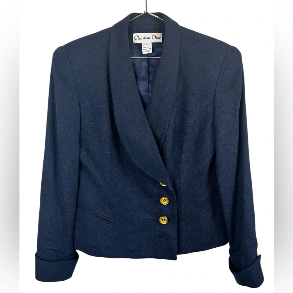 Christian Dior Cropped Long Sleeve Double Breasted Blazer Navy